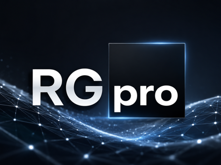 RGpro Image-Motiv Logo von RG pro auf einem Bildschirm, umgeben von transportfertigen Kisten.
